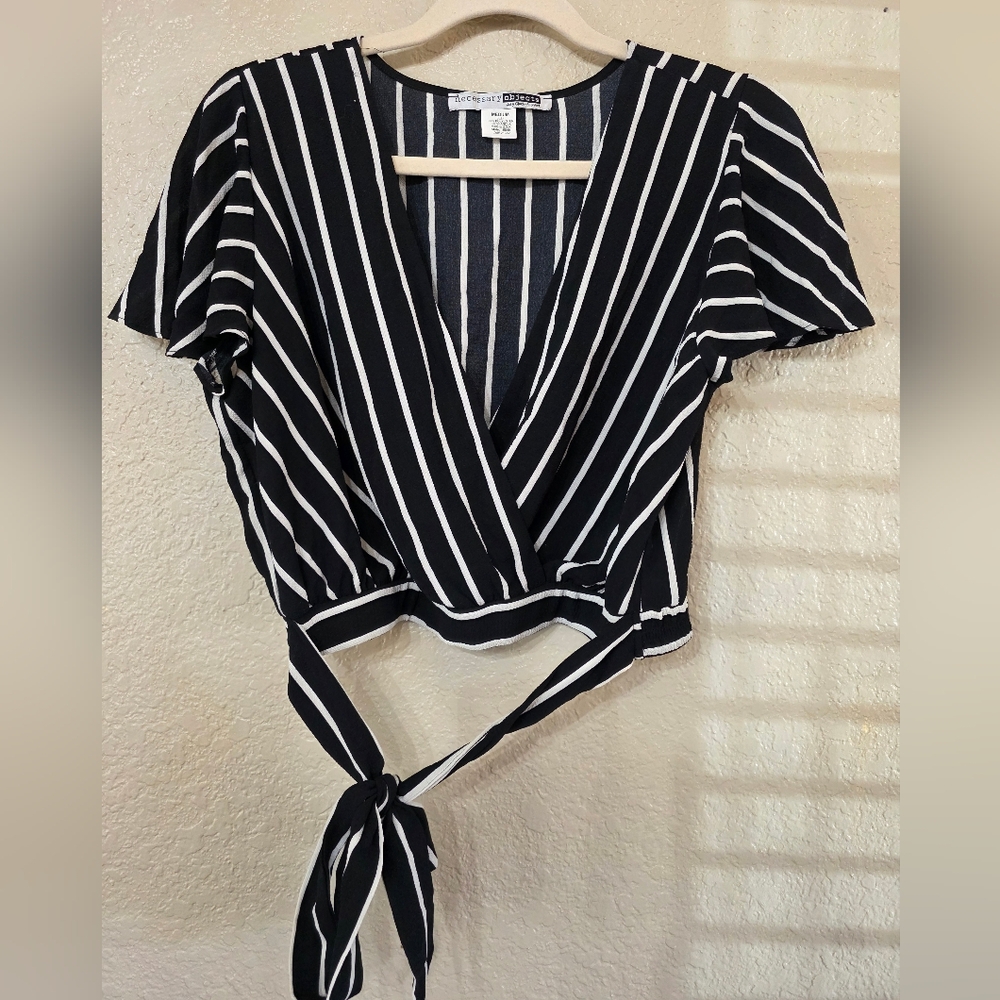 Necessary Objects Black And White Striped Wrap Blouse